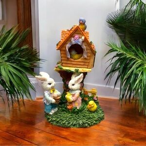 VINTAGE Easter Bunny & Birdhouse Figurine - Hinged Secret Compartment